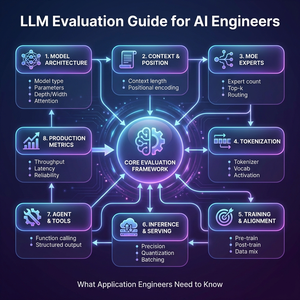 LLM evaluation framework infographic: eight areas around a core evaluation framework — model architecture, context and position, MoE experts, tokenization, training and alignment, inference and serving, agent and tools, and production metrics